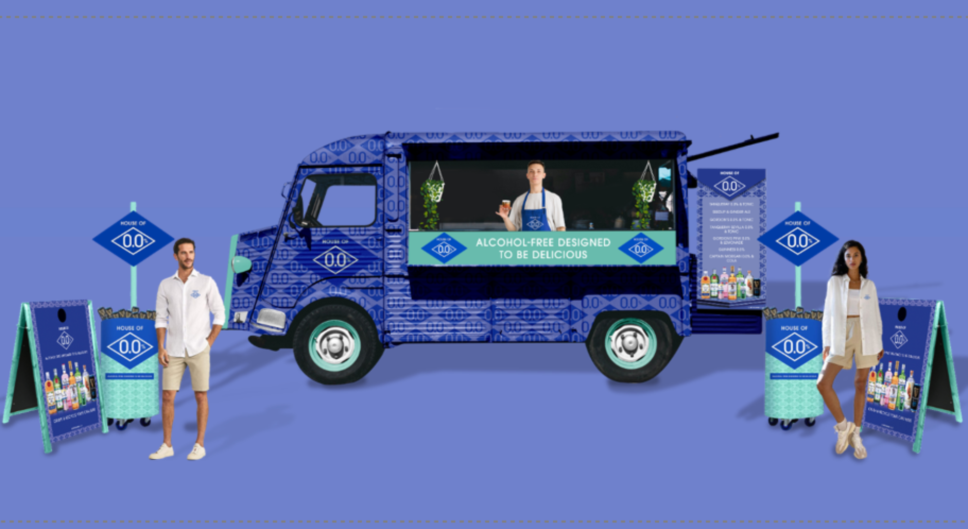 House of 0.0% Citroën HY van activation, full-wrap alcohol-free bar with branded A-frames and menu totems