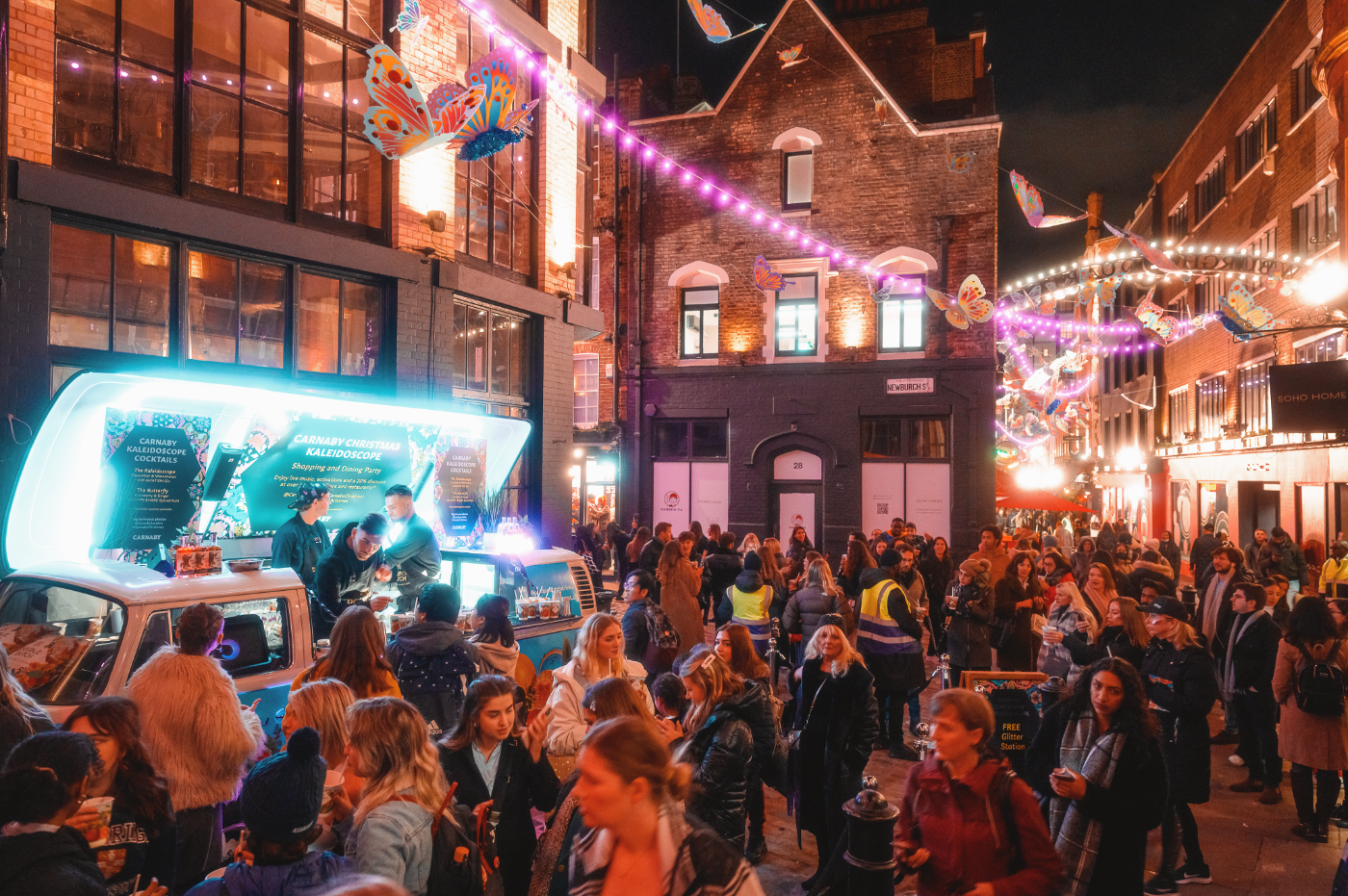 Beetle Juice bar at the Carnaby Christmas Kaleidoscope street party at night